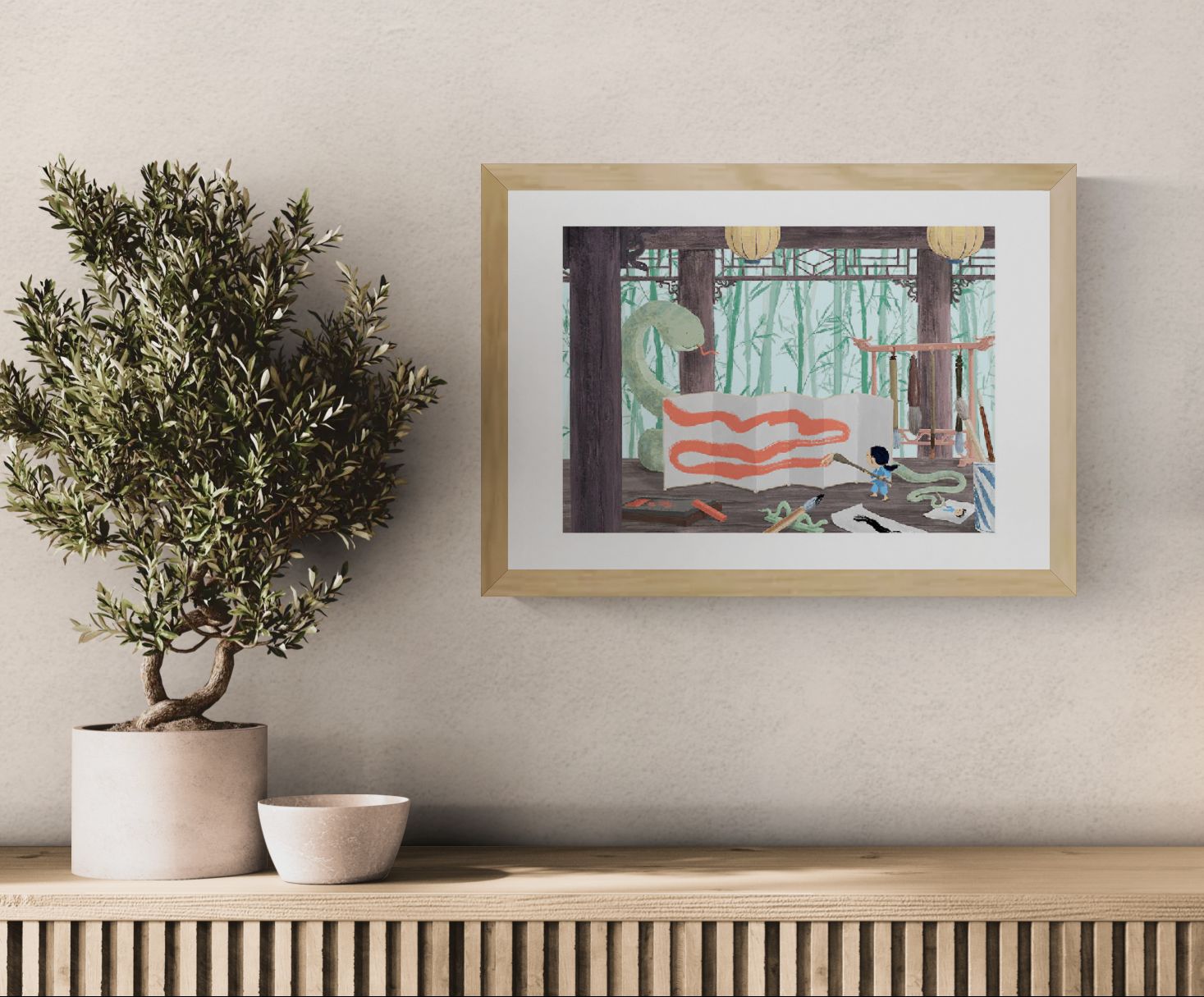Year of the Snake by Willy Leung, a poetic giclée art print showing a child painting beside a large green snake in a calm bamboo-inspired interior, ideal for fantasy wall art, children’s room decor, and storytelling illustration lovers.