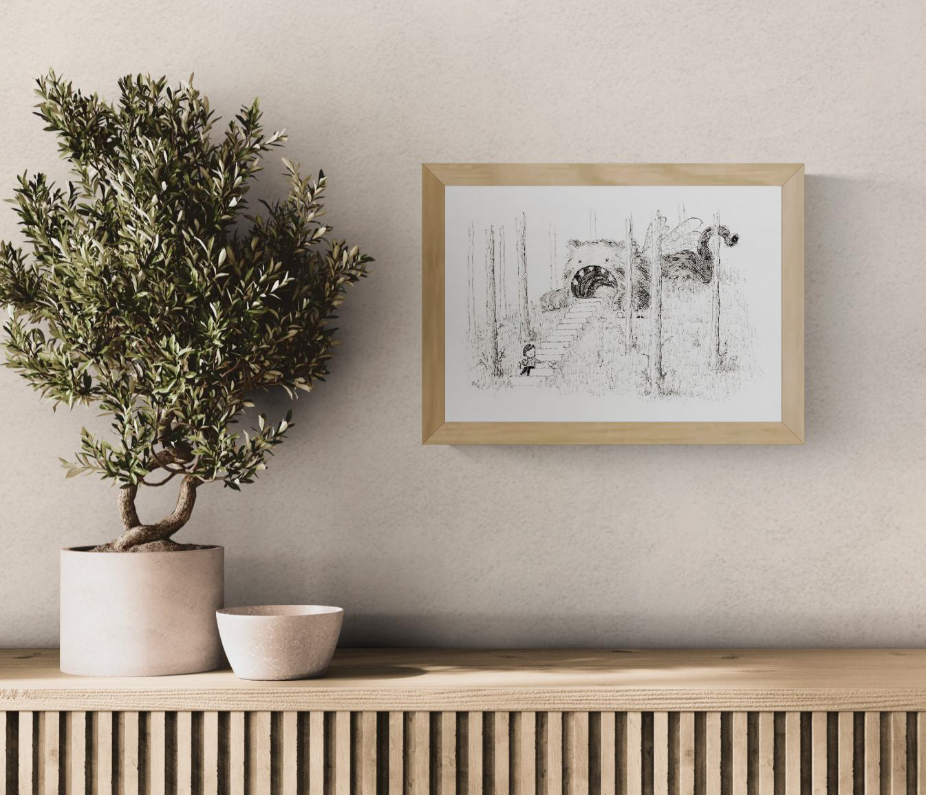 Black and white surreal illustration by Willy Leung showing a child sitting on forest stairs leading into the mouth of a giant furry creature, printed as an A4 giclée art print on Hahnemühle paper.