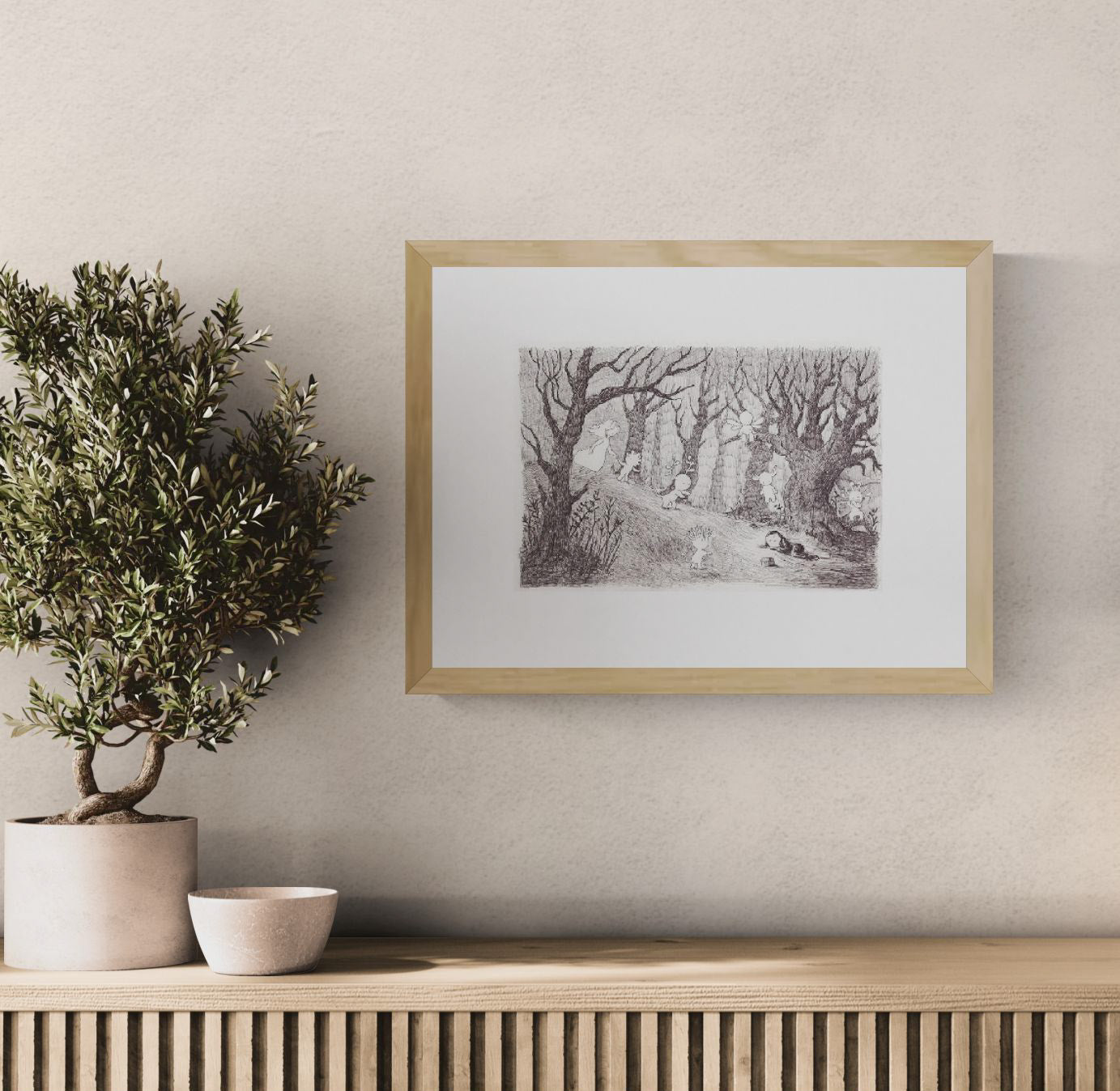 Dreamlike forest illustration with hidden woodland spirits and delicate pencil-style details by Willy Leung. Landscape giclée art print in soft monochrome tones, ideal for cozy living rooms, nurseries, reading corners, and nature-inspired home decor.