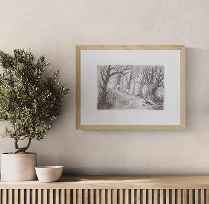 Dreamlike forest illustration with hidden woodland spirits and delicate pencil-style details by Willy Leung. Landscape giclée art print in soft monochrome tones, ideal for cozy living rooms, nurseries, reading corners, and nature-inspired home decor.