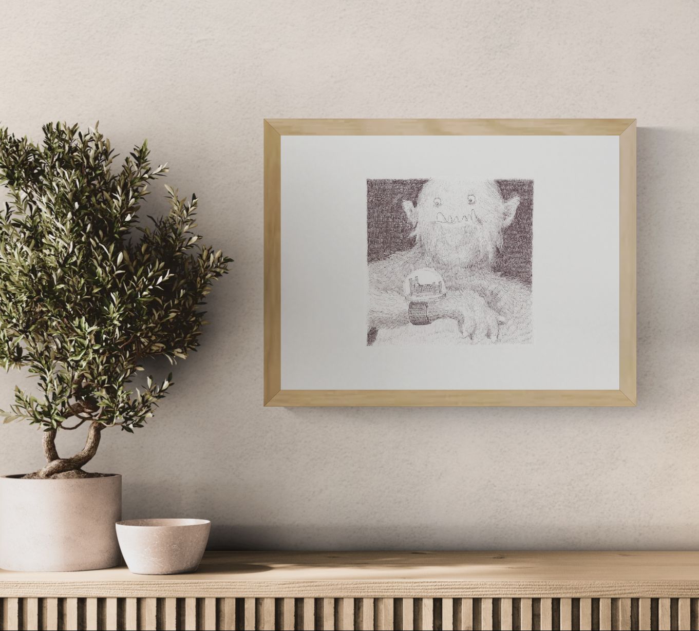 Surreal black-and-white giclée art print of a gentle furry monster wearing a wristwatch with a tiny bedroom inside, illustrated by Willy Leung. Detailed pencil-style artwork for cozy home decor, displayed in portrait orientation.