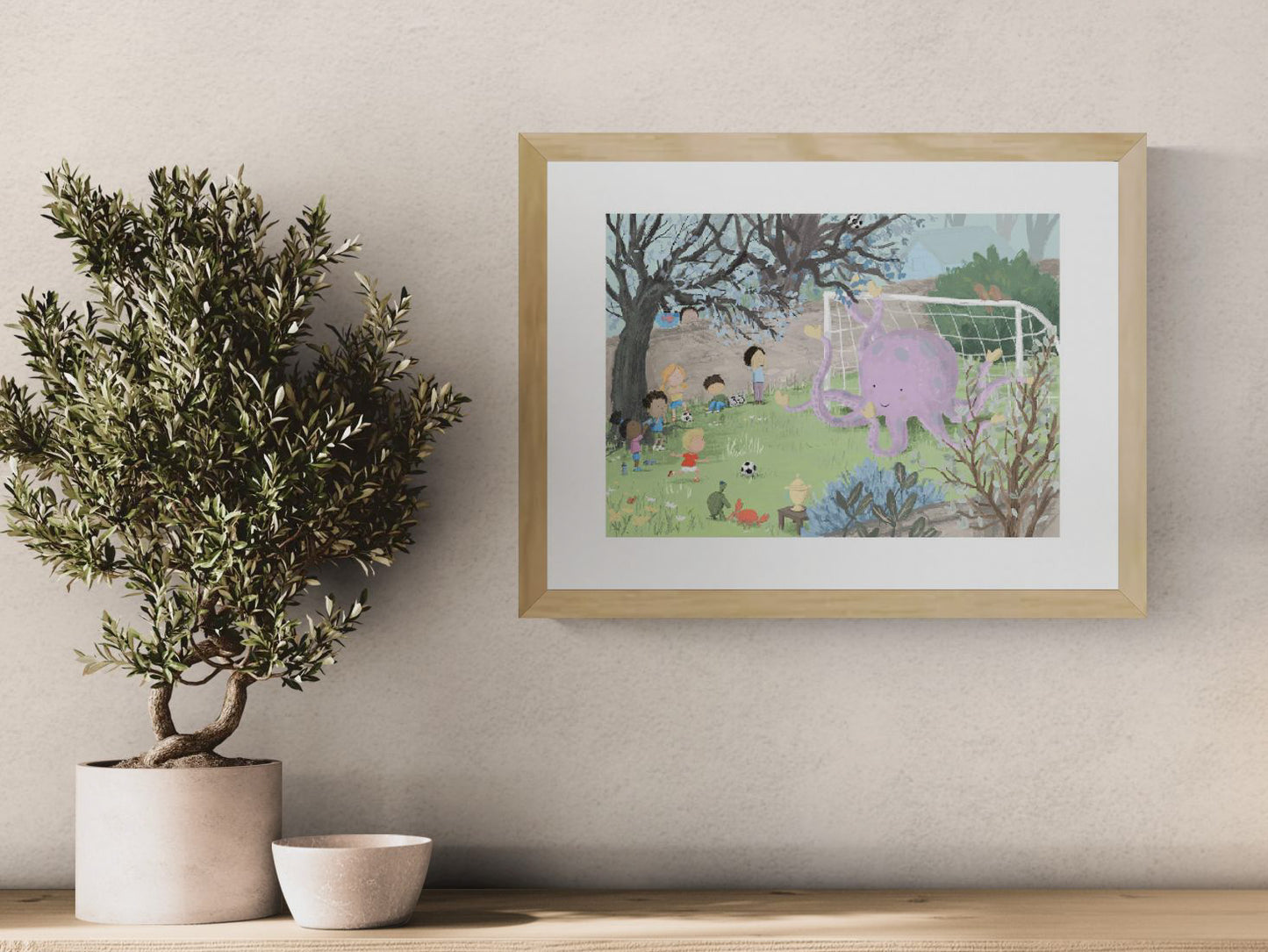 Whimsical children illustration art print Matchday by Willy Leung showing kids playing soccer with a friendly purple octopus as goalkeeper in a playful garden scene.