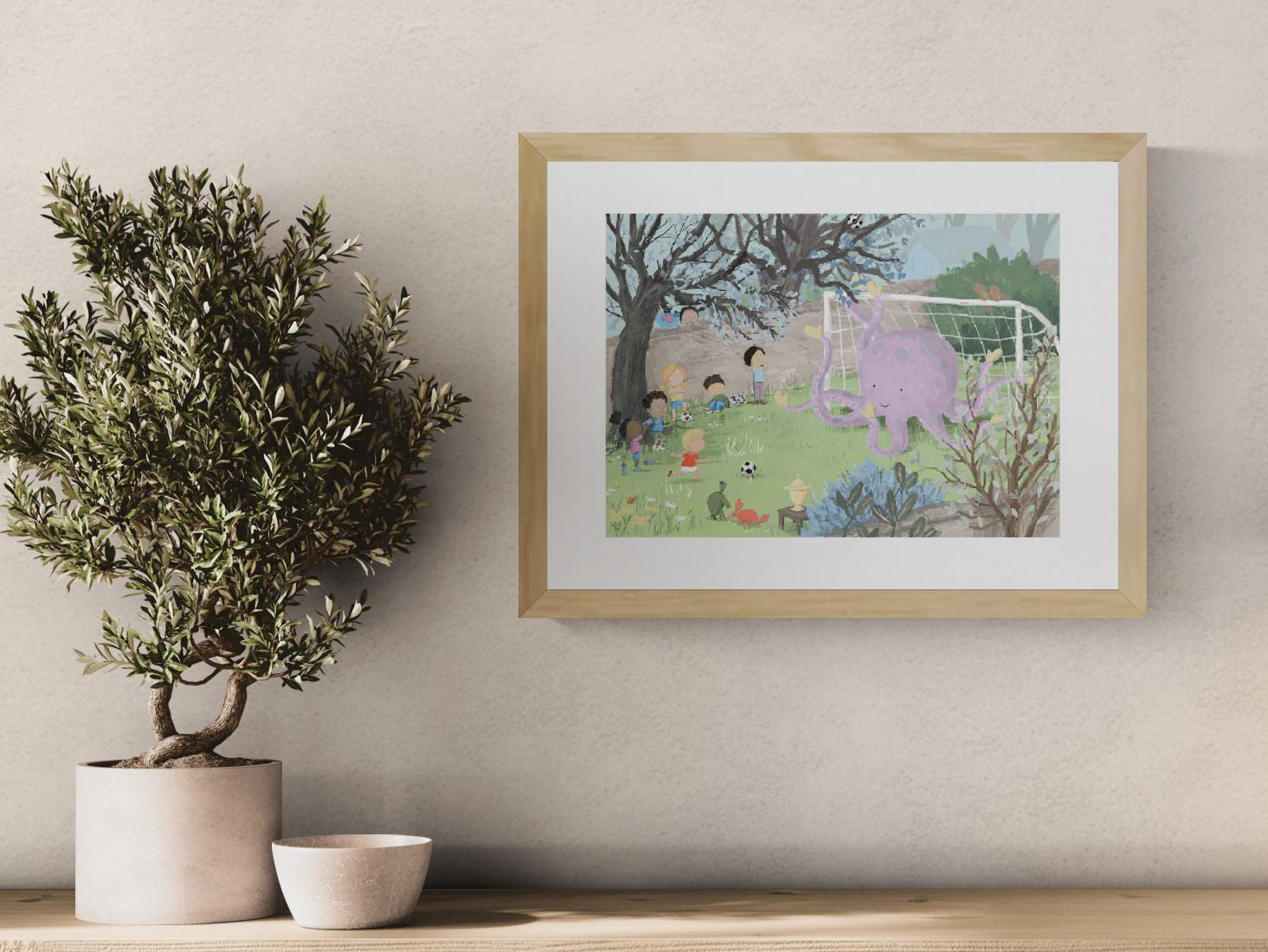 Whimsical children illustration art print Matchday by Willy Leung showing kids playing soccer with a friendly purple octopus as goalkeeper in a playful garden scene.