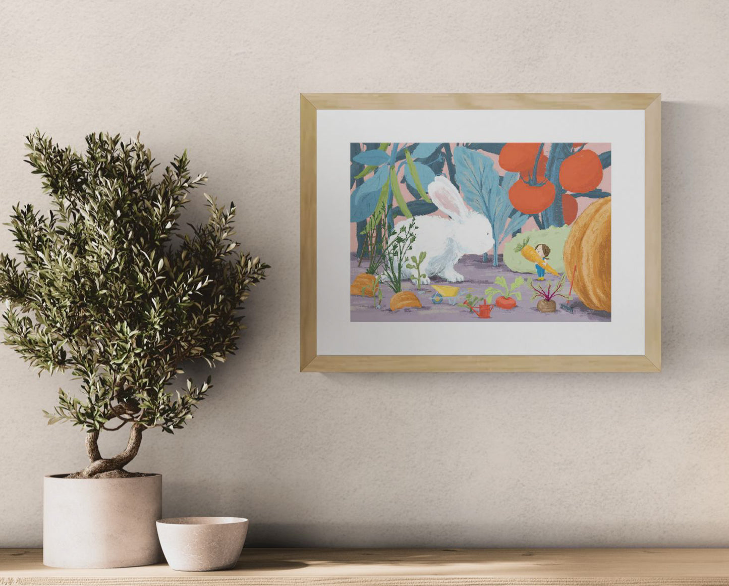 "Year of the Rabbit" art print by Willy Leung featuring a giant white rabbit and a tiny girl harvesting vegetables in a whimsical garden. Giclée printed on Hahnemühle paper.
