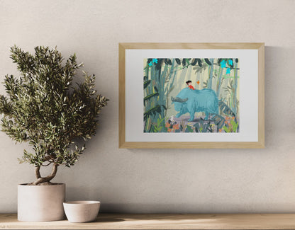 Year of the Ox by Willy Leung featuring a child riding a gentle blue ox through a lush forest in a whimsical storybook style. Soft green and blue tones, giclée print, landscape format, perfect for nursery and home decor.