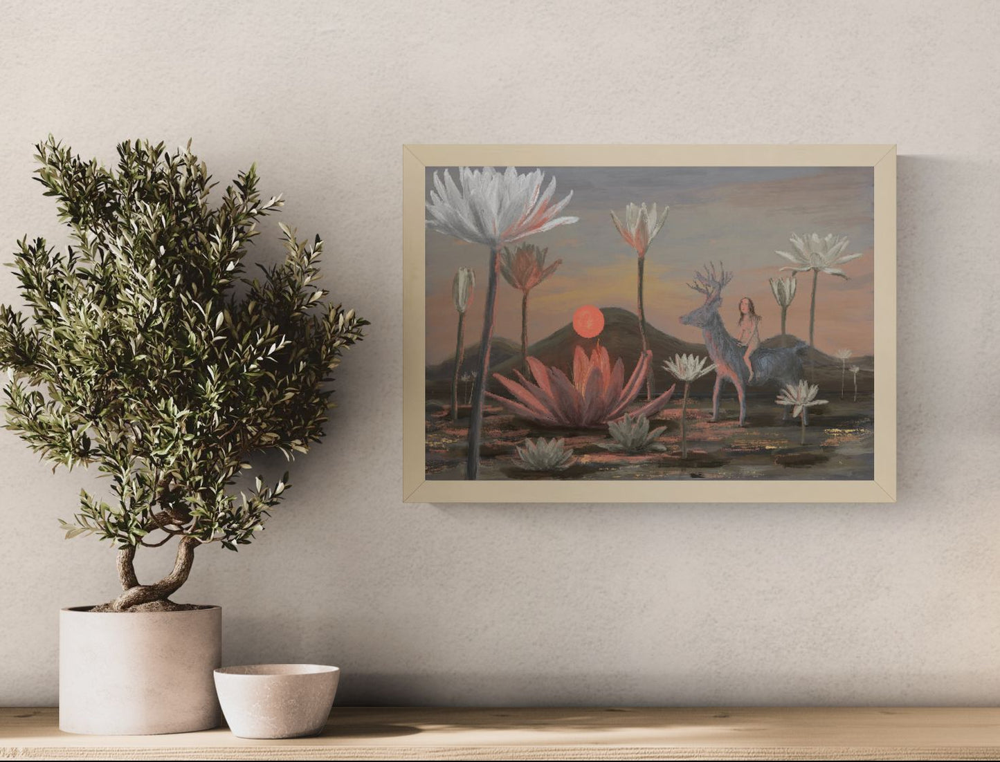 Dreamlike giclée art print featuring a woman riding a deer through a peaceful landscape of oversized water lilies at sunset, painted in soft pink, grey, and earthy tones. Horizontal fine art print for calm, nature-inspired interiors.