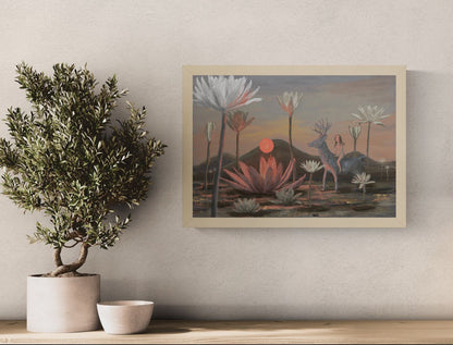 Dreamlike giclée art print featuring a woman riding a deer through a peaceful landscape of oversized water lilies at sunset, painted in soft pink, grey, and earthy tones. Horizontal fine art print for calm, nature-inspired interiors.
