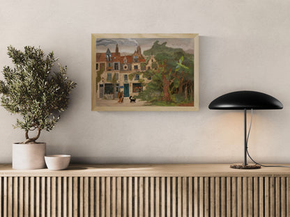 Whimsical forest and Brussels streetscape illustration by Lena Yampolski featuring historic townhouses, enchanted trees, birds, woodland creatures, and folklore-inspired details in soft green and earthy tones. Giclée wall art print for cozy home decor.