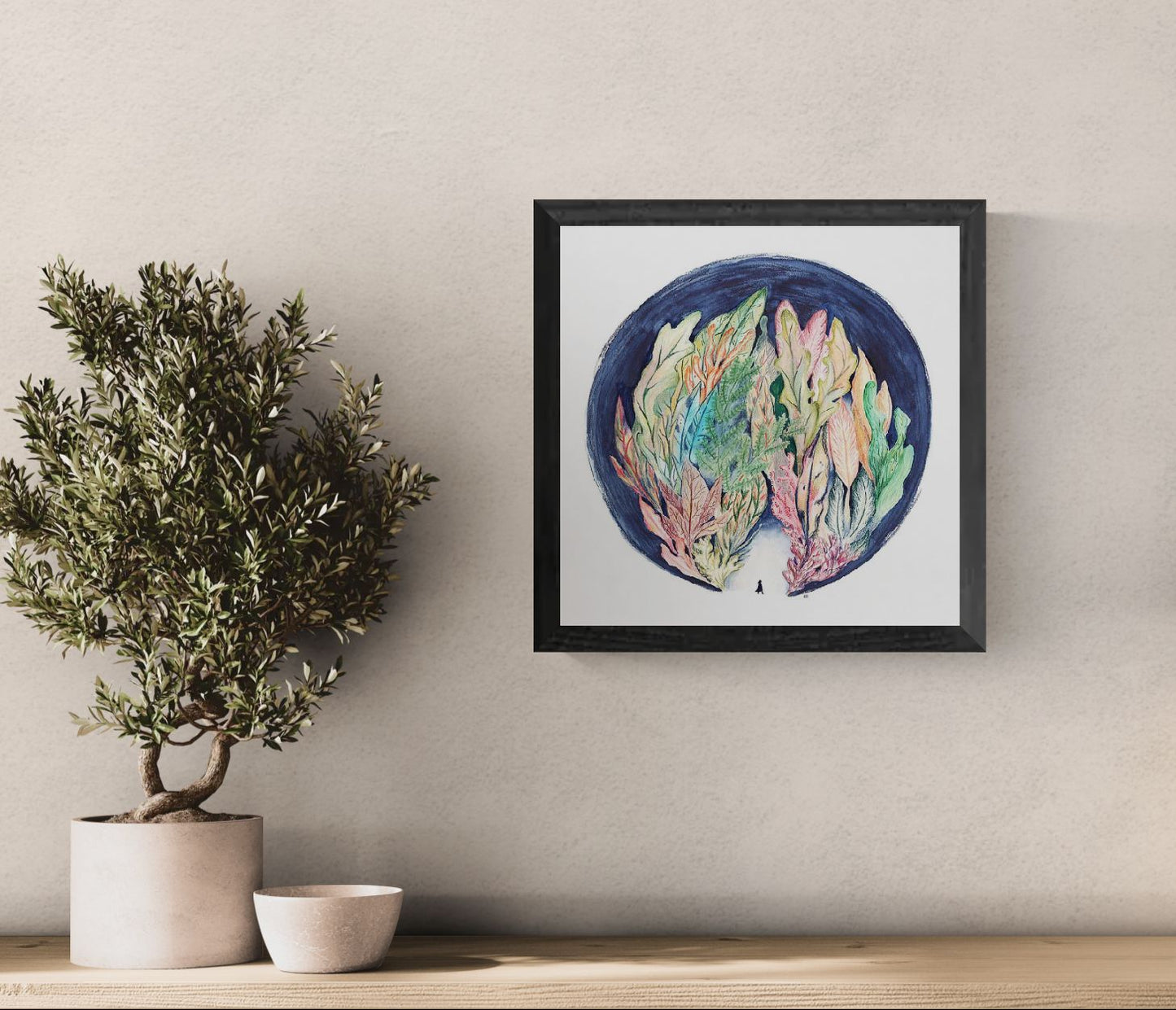 Square art print “Bos” by Kim Timmermans, watercolor-style nature illustration with green tones, minimalist wall art for calm modern interiors and home decor.
