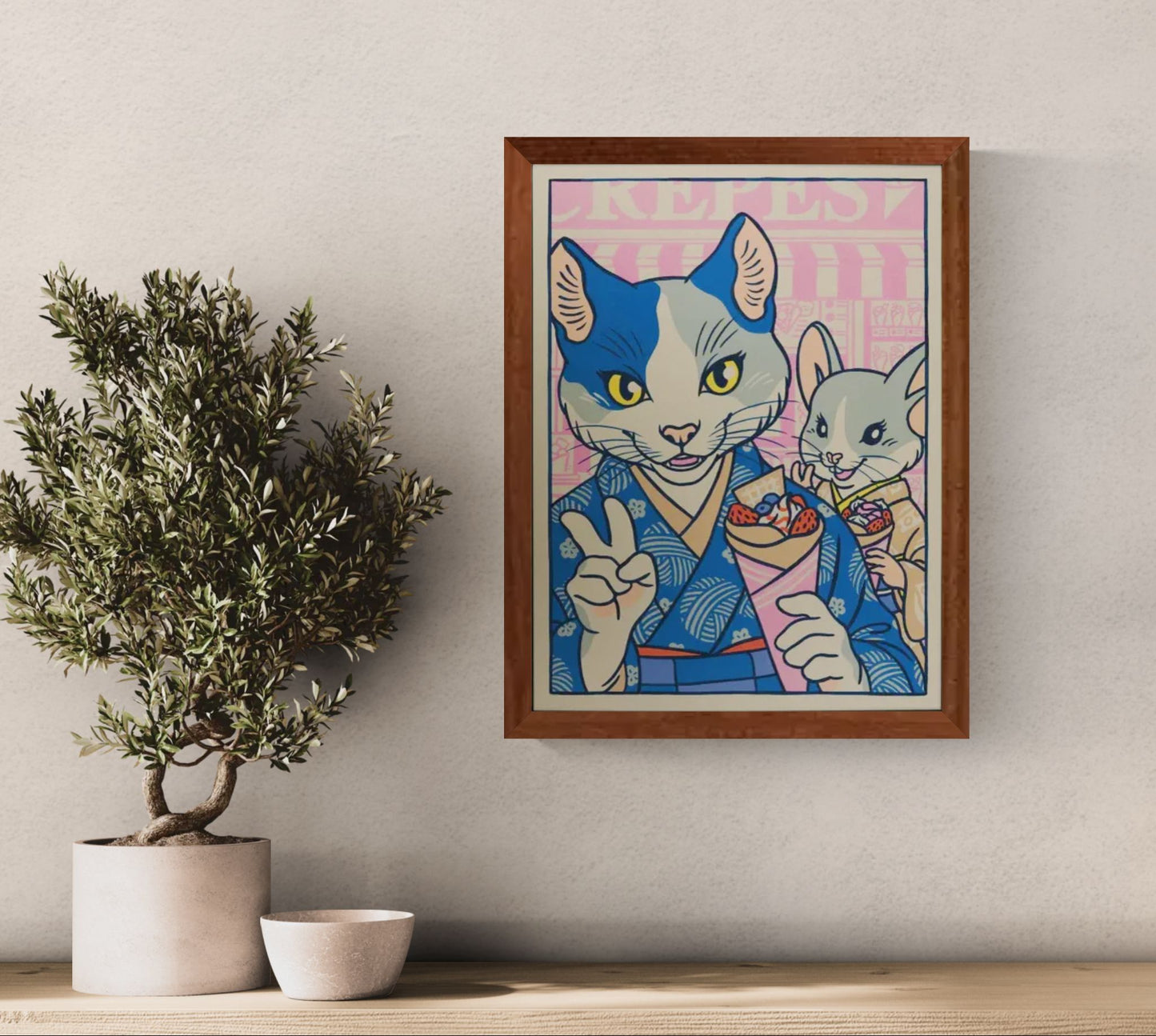 Playful pop-style illustration by Yeaaah! Studio featuring a stylish anthropomorphic cat and mouse in traditional Japanese kimonos, enjoying crepes and posing for a selfie in a colorful Harajuku street scene. A vibrant fusion of kawaii culture and retro comic art—perfect for fans of Japan-inspired, quirky wall decor