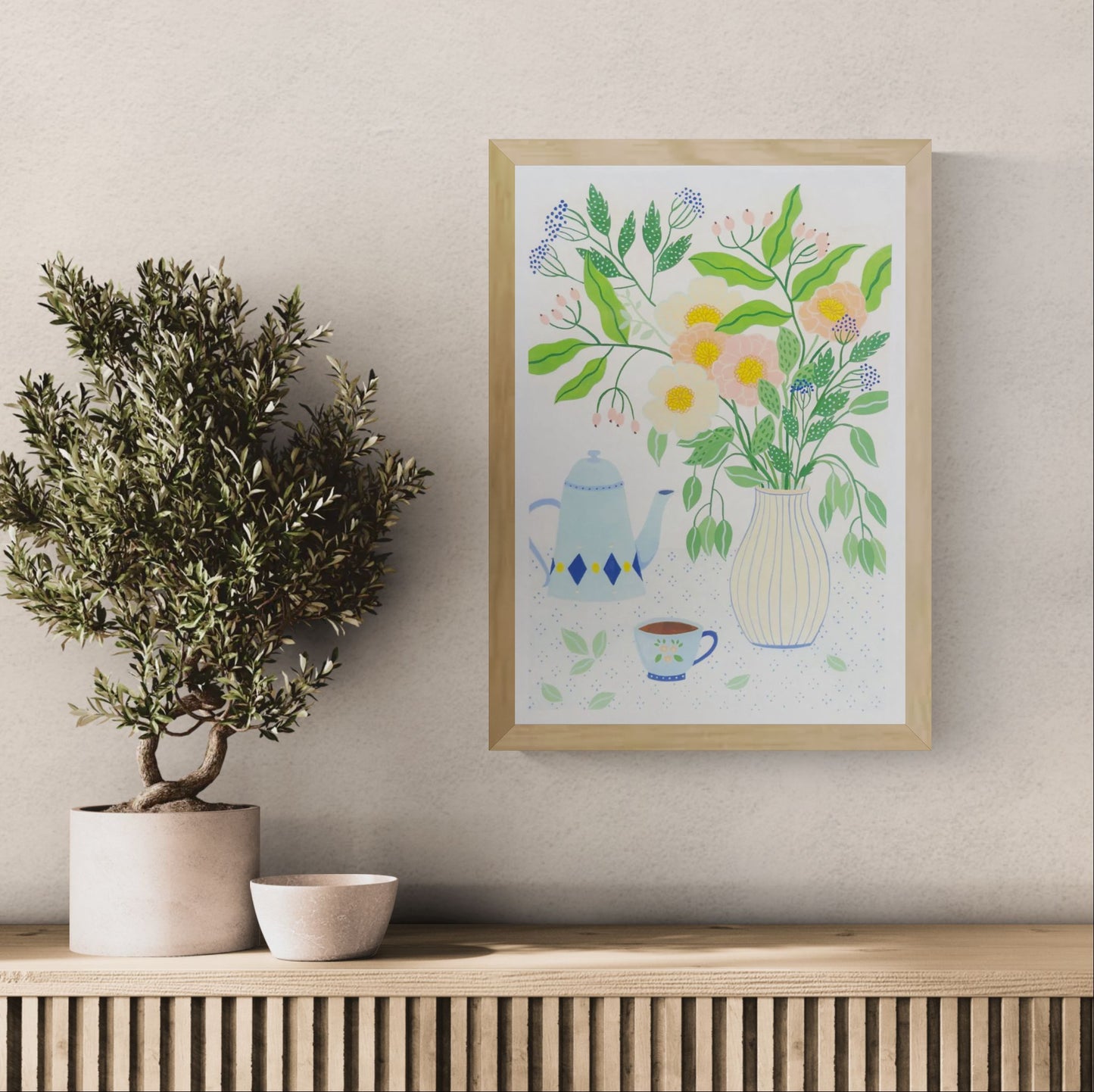 A3 art print "Afternoon Tea" by Leens featuring a pastel floral bouquet in a striped vase, vintage teapot, teacup, and dotted tablecloth. Perfect artwork for kitchens, tea lovers, or serene home corners.