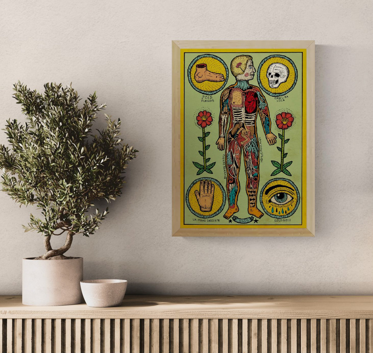 Anatomía de un cuerpo sesi by Asis Percales – A3 surreal anatomical art print inspired by tattoo culture, circus and comic aesthetics, colorful Spanish contemporary illustration, eclectic and bold wall decor.