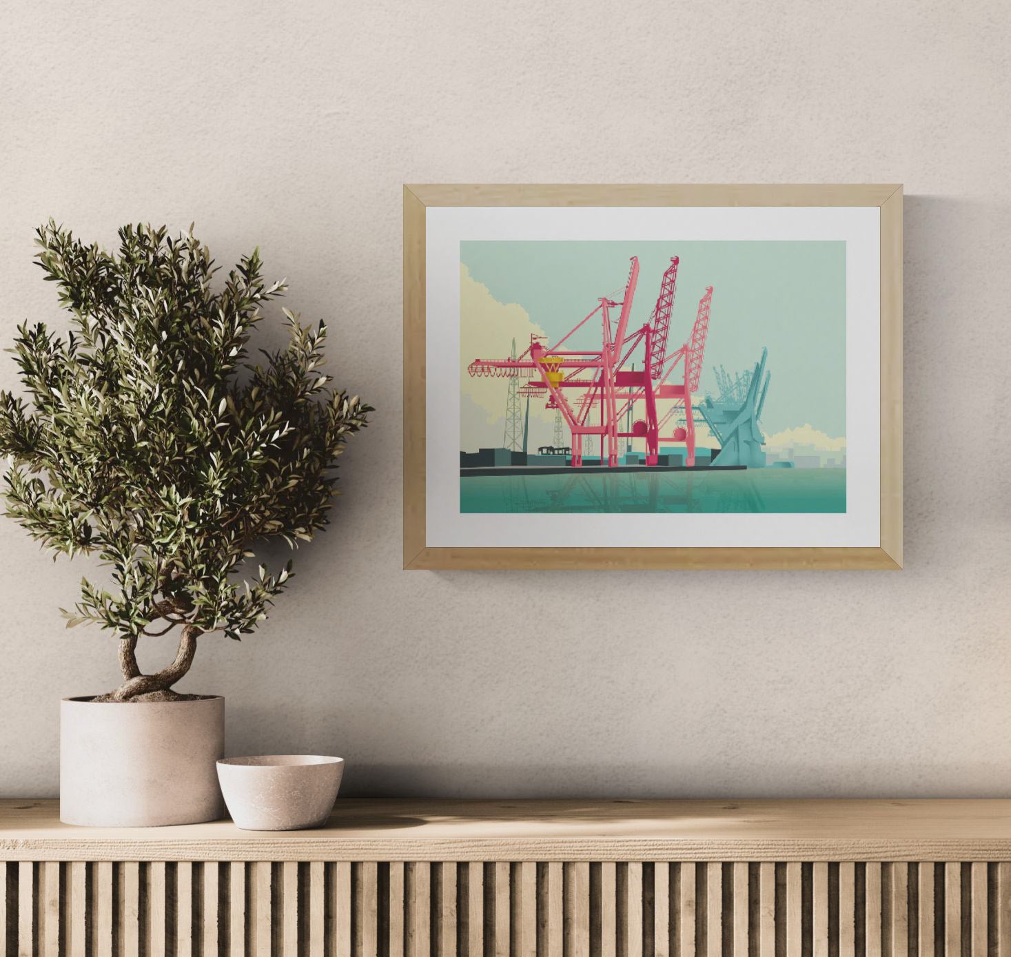 Striking graphic illustration by Studio Frits titled 'Antwerp Port,' featuring a bold composition of industrial cranes in vivid red and soft teal tones, set against a calm harbor with a pastel sky. This modern, stylized view of Belgium’s iconic port captures the scale, structure, and rhythm of maritime industry—ideal for contemporary interiors and urban art collectors