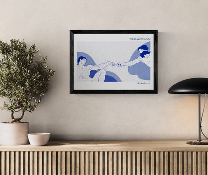 Humorous risograph art print reinterpreting Michelangelo’s Creation of Adam with a playful “I’ve got your nose” gesture, minimalist blue illustration by Studio Stoutpoep.