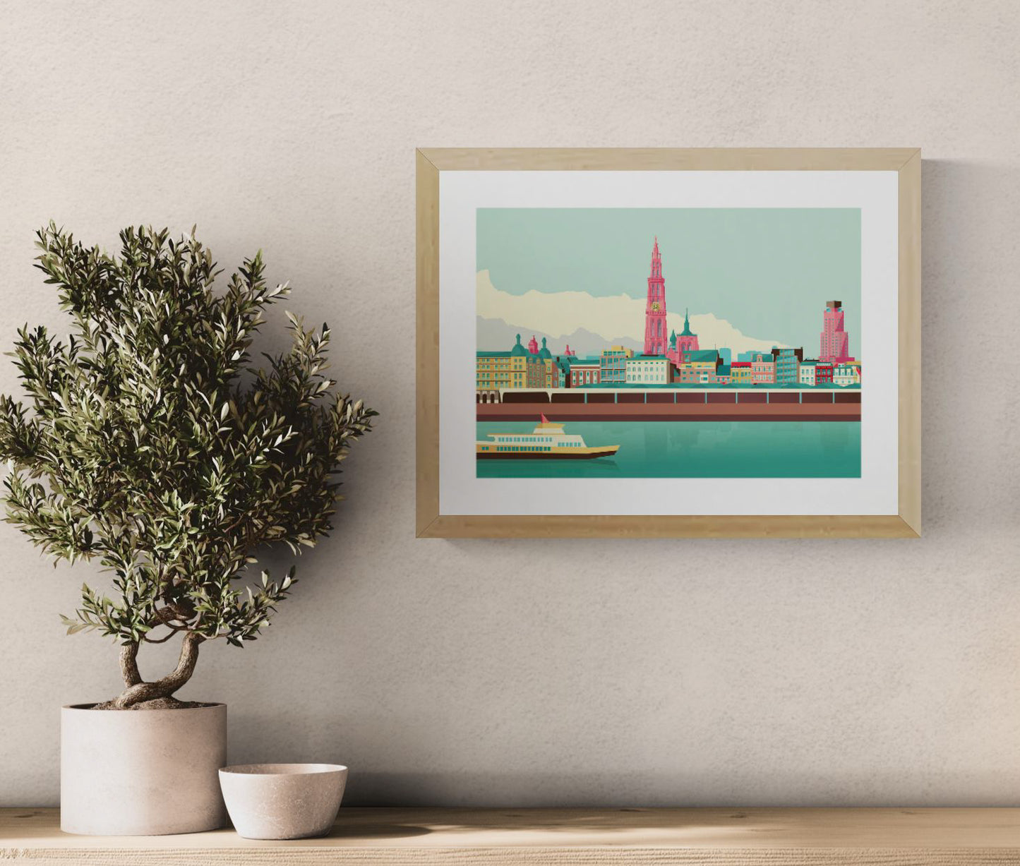 Antwerp Skyline by Gert Paenen, modern cityscape art print featuring the Antwerp waterfront, cathedral tower, pastel buildings, and river reflections in a clean graphic style.