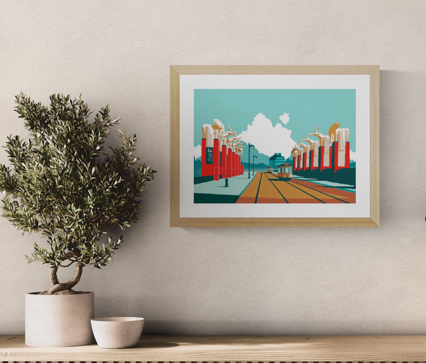 Graphic illustration of the historic Olifantenbrug bridge in Antwerp with elephant sculptures and tram tracks, architectural artwork by Studio Frits.