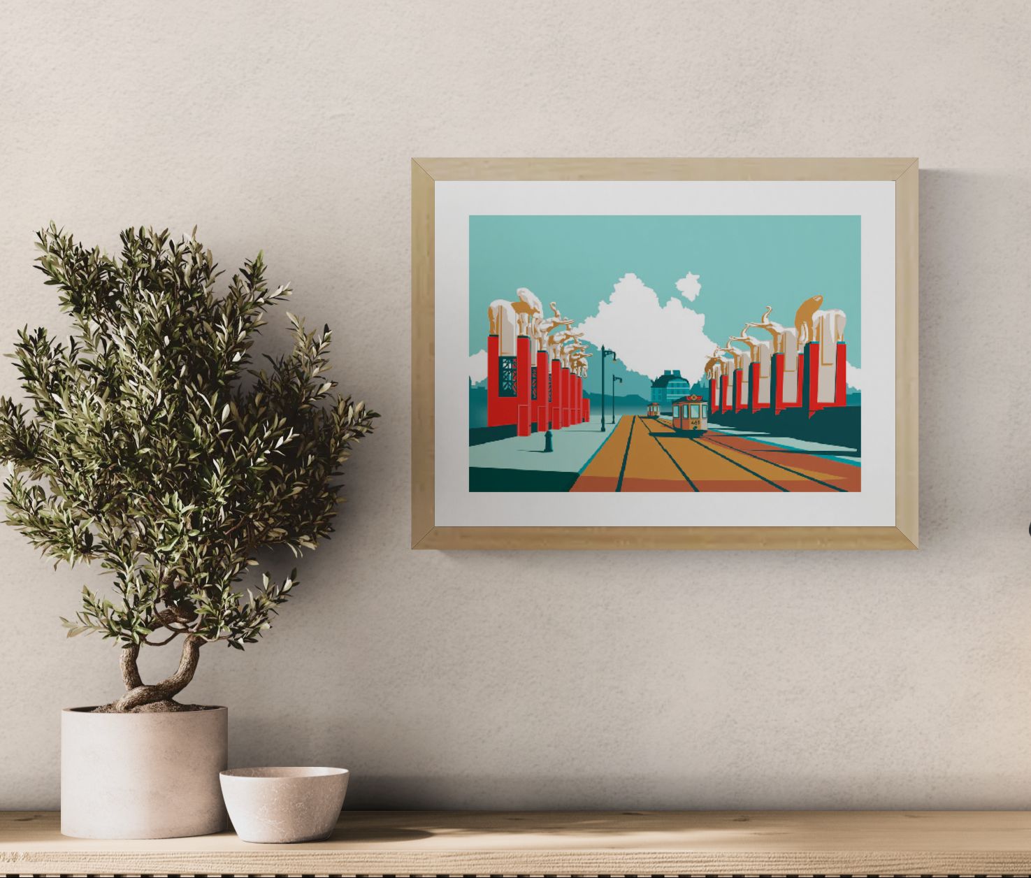 Graphic illustration of the historic Olifantenbrug bridge in Antwerp with elephant sculptures and tram tracks, architectural artwork by Studio Frits.