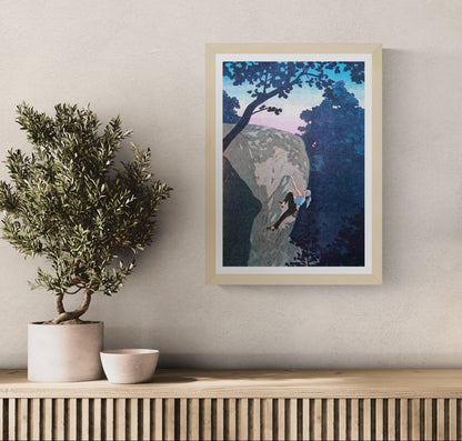 Expressive illustration by Victor Pellet titled 'Ascension Crépusculaire,' depicting a female rock climber ascending a rugged cliff face at dusk. Framed by silhouettes of trees and a soft pink-blue twilight sky, this atmospheric artwork captures the strength, solitude, and serenity of climbing in nature—ideal for outdoor enthusiasts, adventure art collectors, and modern interiors