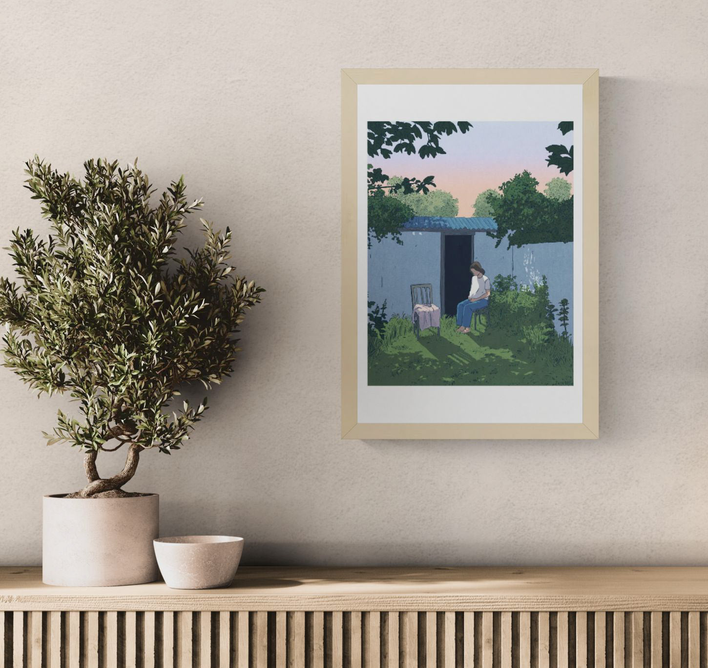 Peaceful and contemplative illustration by Victor Pellet titled 'Au Jardin,' showing a young woman seated quietly in a lush backyard garden at dusk. Framed by greenery, soft shadows, and a pastel sunset sky, this intimate scene evokes solitude, reflection, and the quiet beauty of everyday moments—perfect for minimalist interiors and lovers of poetic, narrative-driven art