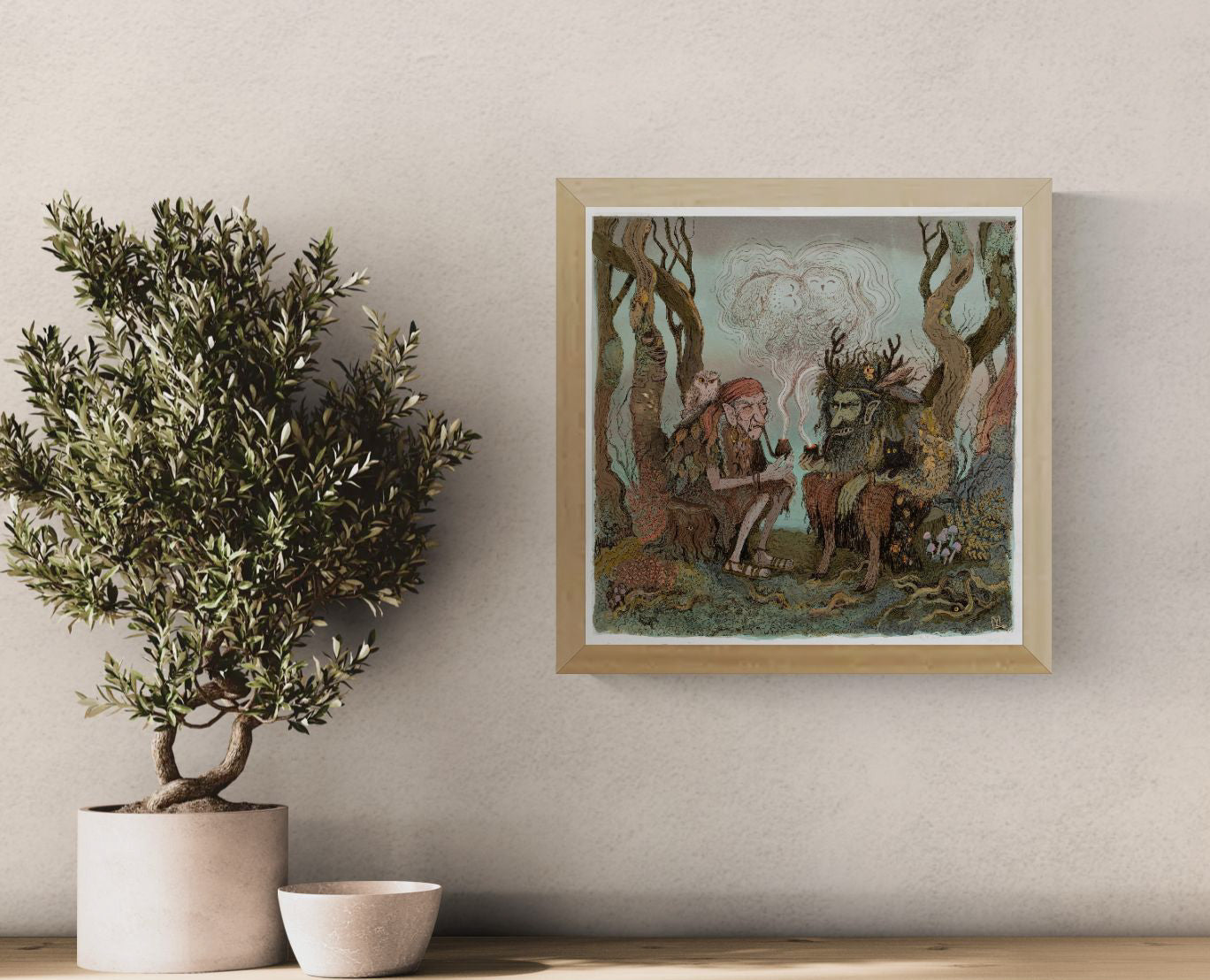 Square giclée print of two folklore forest beings smoking pipes beneath owl-shaped smoke, drawn in muted green, brown and dusty pink tones; detailed storybook wall art for a living room, study or reading nook.