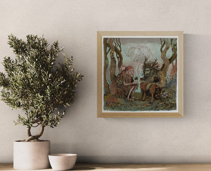 Square giclée print of two folklore forest beings smoking pipes beneath owl-shaped smoke, drawn in muted green, brown and dusty pink tones; detailed storybook wall art for a living room, study or reading nook.