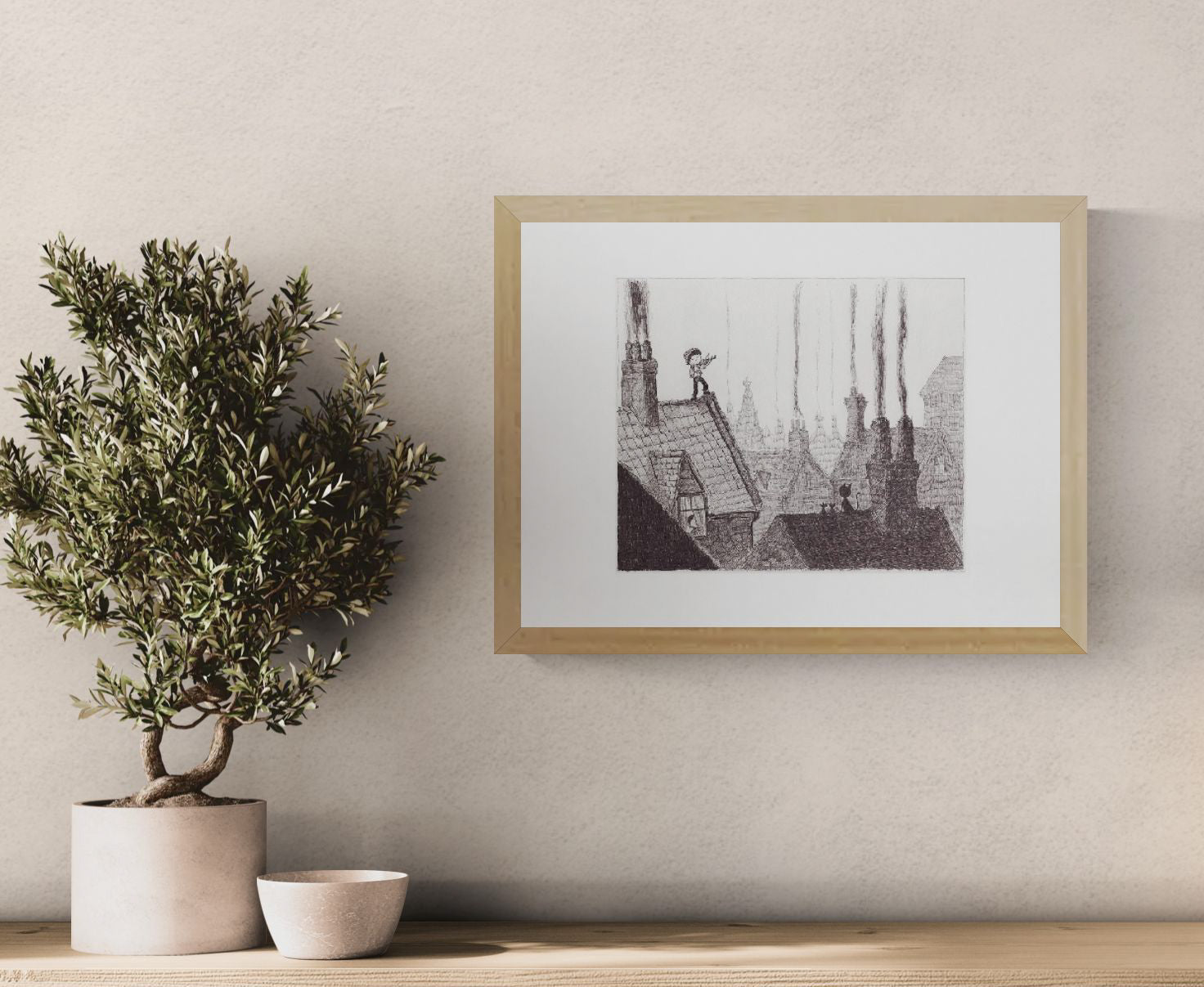 Horizontal black-and-white giclée print by Willy Leung showing a young violinist on an old rooftop, cats, chimneys and tall trees in a finely drawn storybook cityscape, ideal for a reading nook, study or calm living room wall.