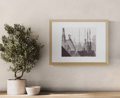 Horizontal black-and-white giclée print by Willy Leung showing a young violinist on an old rooftop, cats, chimneys and tall trees in a finely drawn storybook cityscape, ideal for a reading nook, study or calm living room wall.