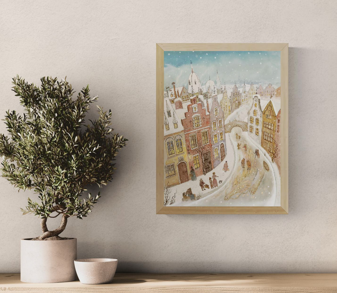 Snow Dragon by Lena Yampolski featuring a snowy European town with historic houses, glowing windows, and a hidden golden dragon beneath an icy canal, illustrated in a whimsical folklore-inspired style. Vertical giclée wall art for cozy home decor.