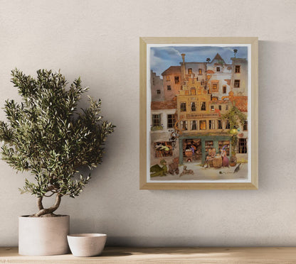 Whimsical fantasy illustration of a steampunk brewery in Antwerp with witches, dragons, and glowing lights by Lena Yampolski. Detailed giclée art print inspired by Flemish architecture, Belgian beer, and magical storytelling