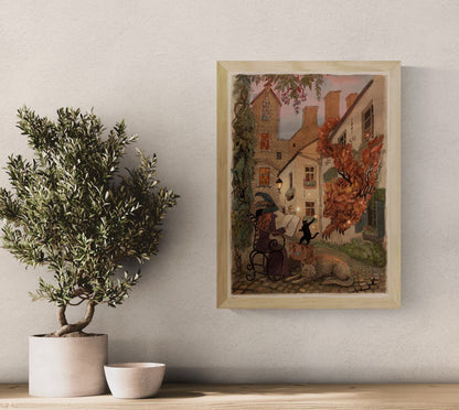 Fantasy illustration inspired by Antwerp's historic Vlaaikensgang, featuring a witch reading in a hidden courtyard with a black cat, wolf, and autumn spirit. Warm storybook colors, detailed giclée print, vertical wall art for cozy home decor.