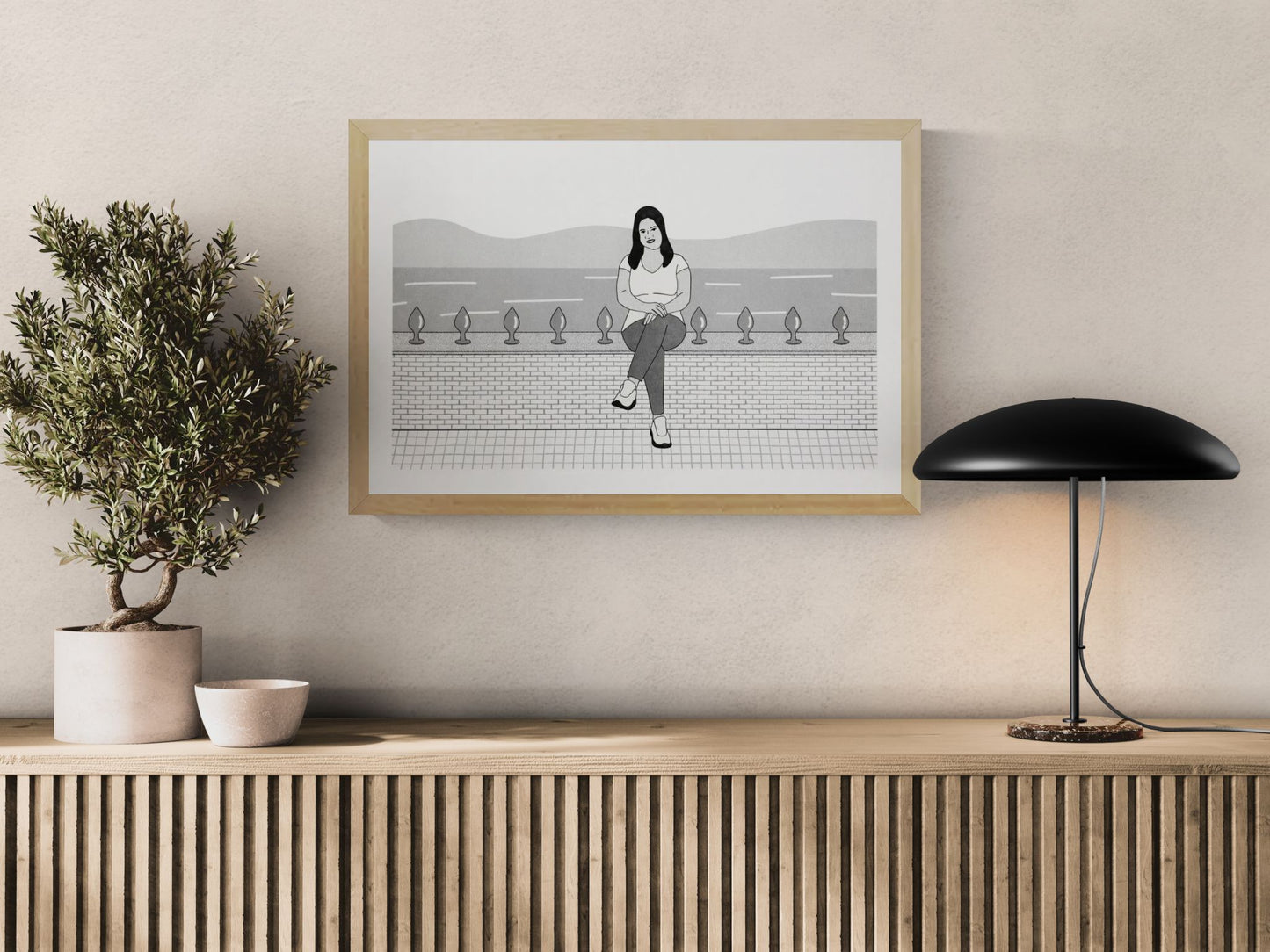 Risograph art print titled “Happy” by Studio Stoutpoep, A2 contemporary monochrome illustration featuring a seated woman in a graphic minimalist style, printed with eco-friendly soy-based inks, modern statement wall art for design interiors.
