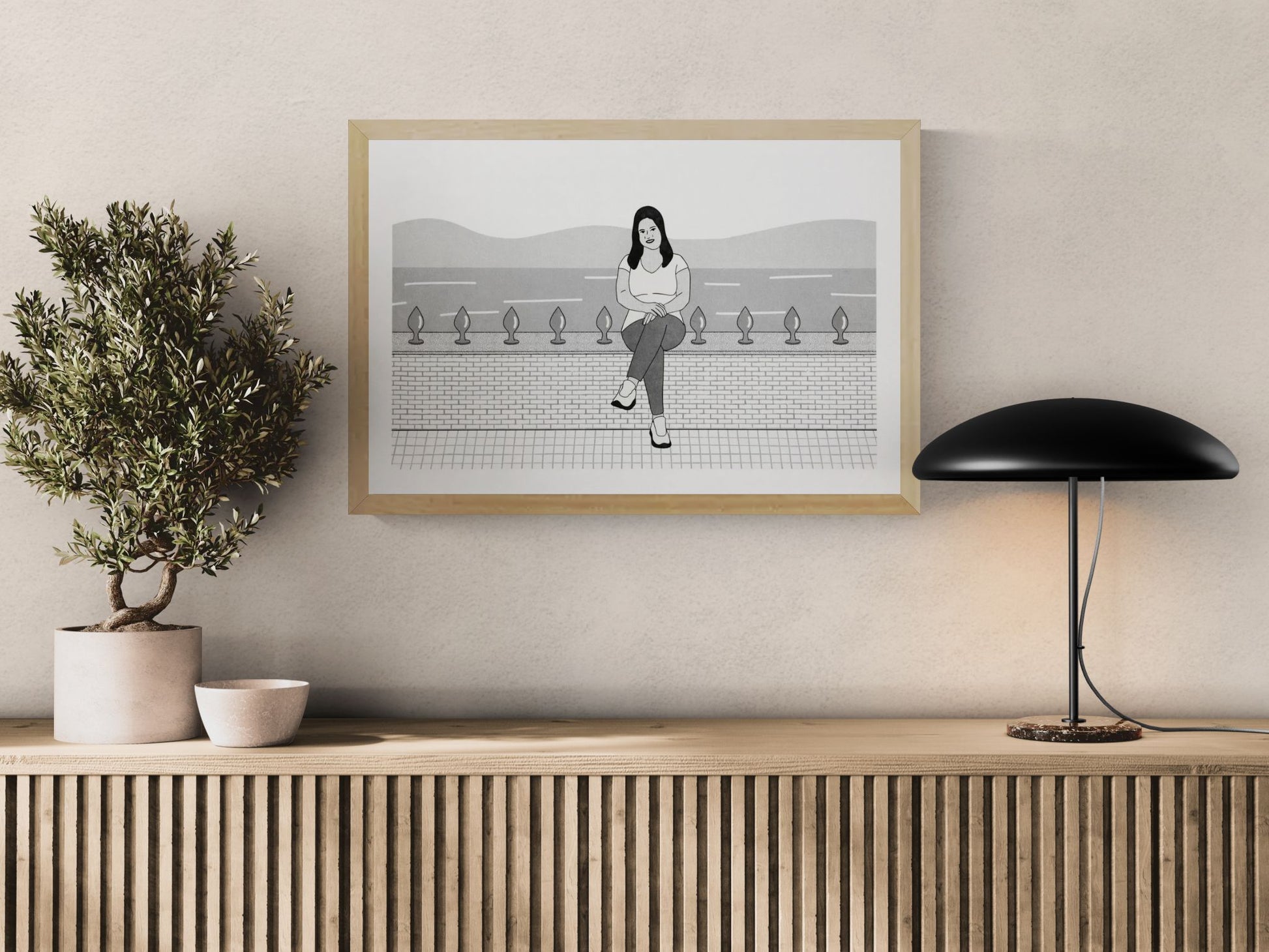 Risograph art print titled “Happy” by Studio Stoutpoep, A2 contemporary monochrome illustration featuring a seated woman in a graphic minimalist style, printed with eco-friendly soy-based inks, modern statement wall art for design interiors.