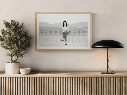 Risograph art print titled “Happy” by Studio Stoutpoep, A2 contemporary monochrome illustration featuring a seated woman in a graphic minimalist style, printed with eco-friendly soy-based inks, modern statement wall art for design interiors.