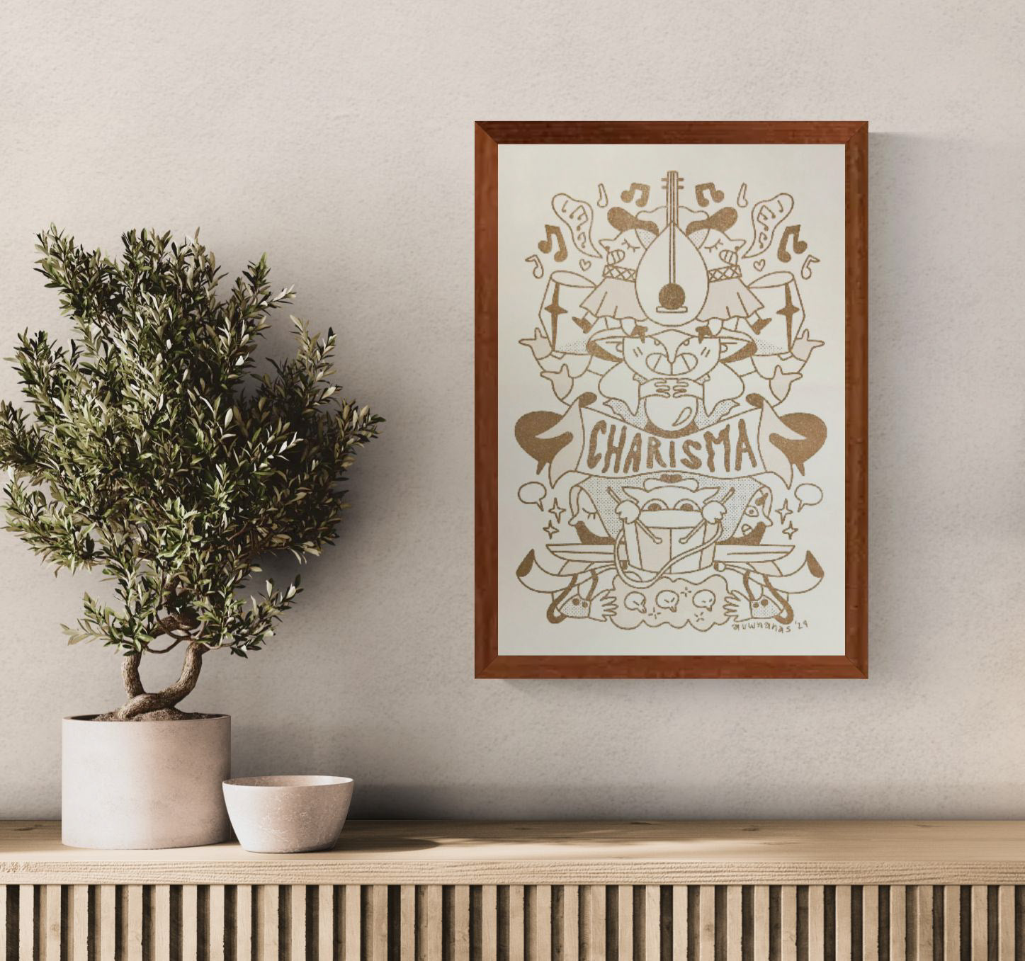 Risograph illustration “Class Act Gold” by Auwnanas featuring whimsical musicians, playful characters, musical notes and decorative shapes in warm golden tones; A3 art print with bold graphic style and lively composition; modern quirky wall art perfect for cheerful home décor and collectors of contemporary risography.
