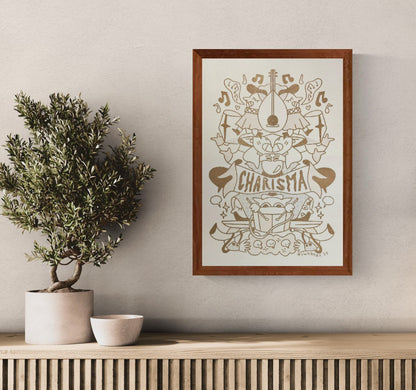 Risograph illustration “Class Act Gold” by Auwnanas featuring whimsical musicians, playful characters, musical notes and decorative shapes in warm golden tones; A3 art print with bold graphic style and lively composition; modern quirky wall art perfect for cheerful home décor and collectors of contemporary risography.