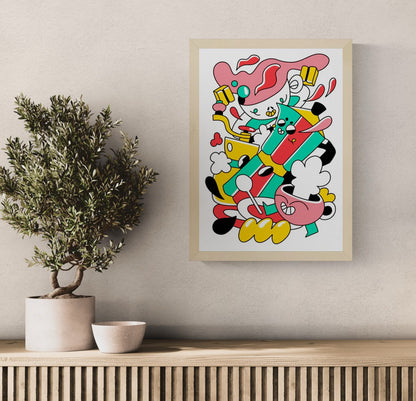Colorful limited edition A3 risograph print titled “Coffee Rally” by Belgian artist Auwnanas, featuring playful cartoon characters, bold red, yellow, green and black shapes, dynamic coffee-themed elements, and energetic movement; modern quirky wall art for design lovers.