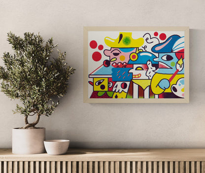 Vibrant A3 risograph print “Plaza Parade” by Auwnanas featuring bold geometric shapes, colourful surreal characters and playful street-parade energy; limited edition modern art print made in Belgium, perfect for contemporary interiors and design lovers seeking bright, quirky wall art.