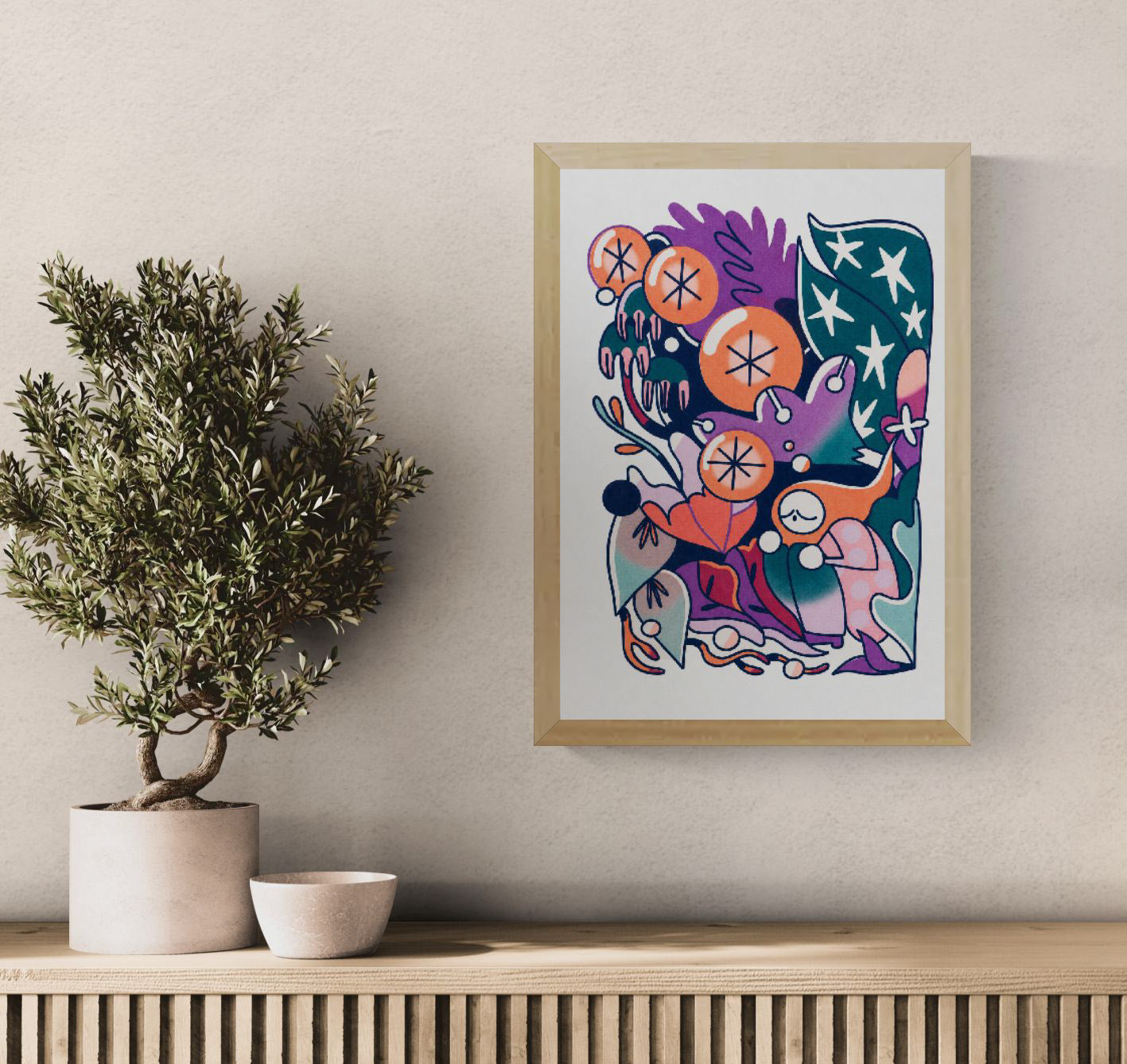 Rain Forest by Auwnanas, vertical A3 risograph art print featuring a small figure surrounded by oversized orange fruit, tropical leaves and playful creatures in teal, purple, pink and navy, ideal for colourful modern wall decor.