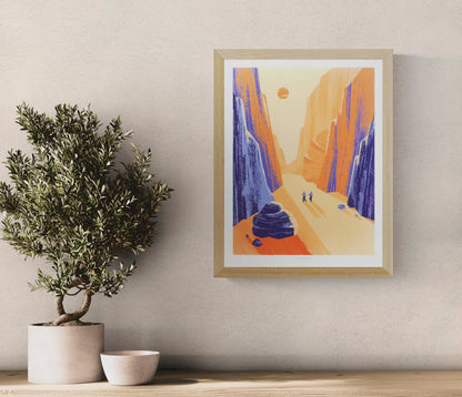 Illustration of Charyn Canyon by Linde Raats featuring two hikers walking through a vast, sunlit desert canyon surrounded by towering orange and purple cliffs. Minimalist landscape art print inspired by natural wonders, perfect for travel lovers, adventure-themed interiors, and contemporary wall decor—available at Galerie Frits
