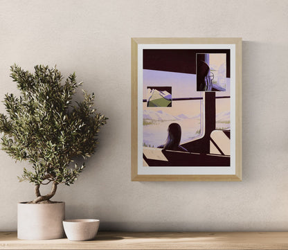 Giclée art print by Belgian illustrator Linde Raats showing a woman on a train gazing out at snowy Arctic mountains, with warm pastel hues and atmospheric light – 30x40 cm fine art print perfect for winter lovers and dreamy interiors