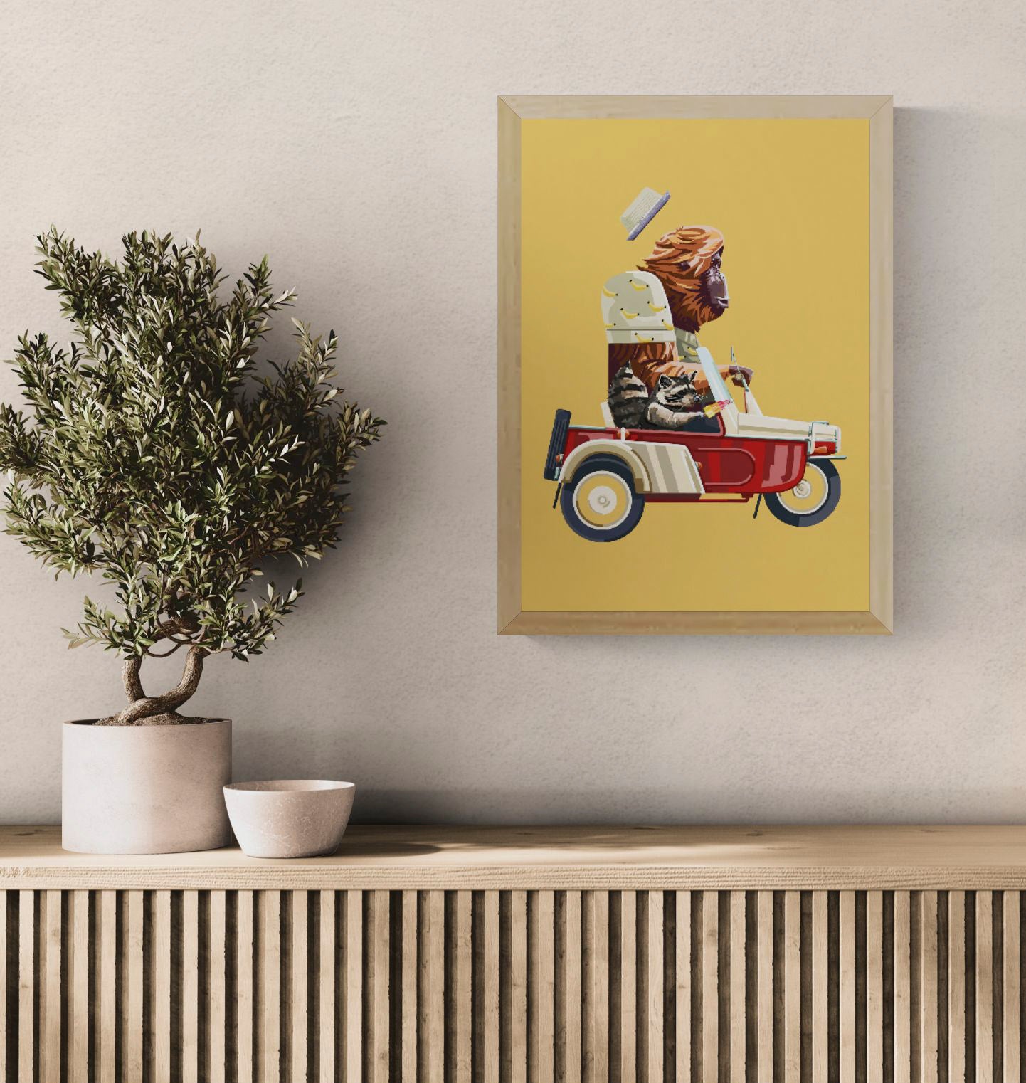 Go Bananas by Floor 4 Productions – Belgian art print of a gorilla driving a vintage scooter with a raccoon sidekick eating ice cream, colorful retro illustration for modern quirky wall decor.