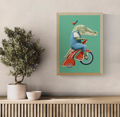 Art print “Easy Rider” by Floor 4 Productions, playful retro illustration with bold colors and animal character, modern wall art available in A4 and A3.