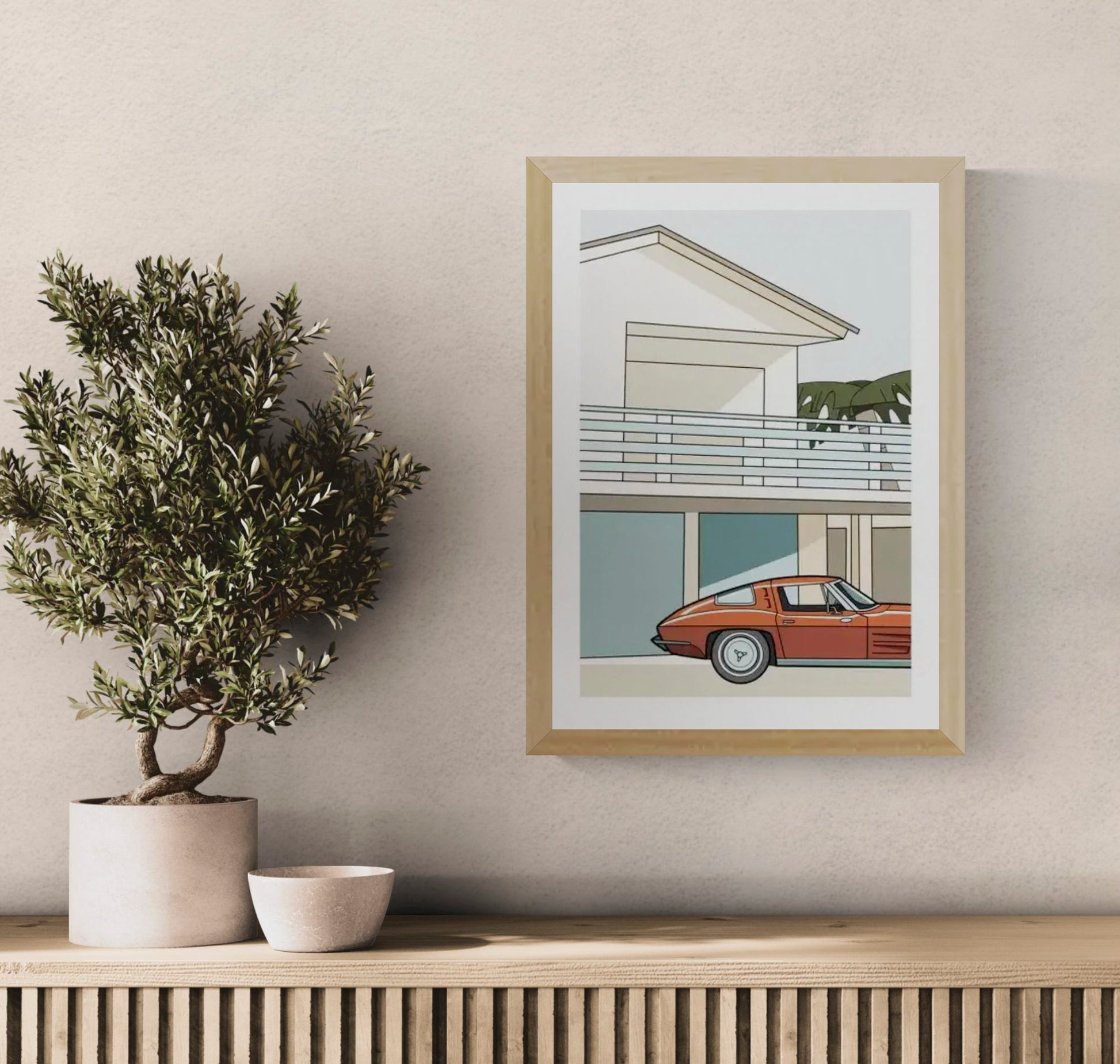 Minimalist mid-century modern house illustration with vintage red sports car, Malibu California inspired retro architecture art print by Floor 4 Productions.