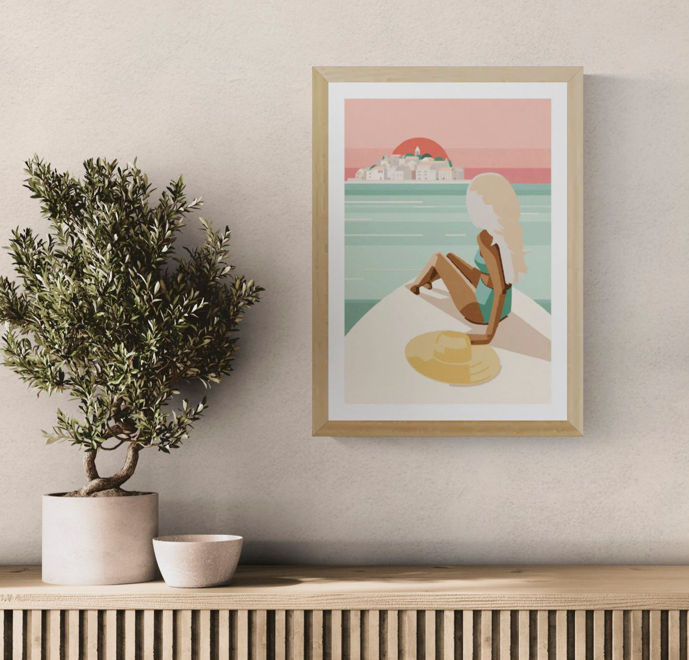Minimalist beach illustration art print titled "Island in the Sun" by Floor 4 Productions, featuring a blonde woman on a boat gazing at an island sunset, in retro pastel tones – A3 wall art made in Belgium.