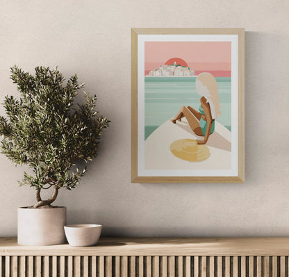 Minimalist beach illustration art print titled "Island in the Sun" by Floor 4 Productions, featuring a blonde woman on a boat gazing at an island sunset, in retro pastel tones – A3 wall art made in Belgium.