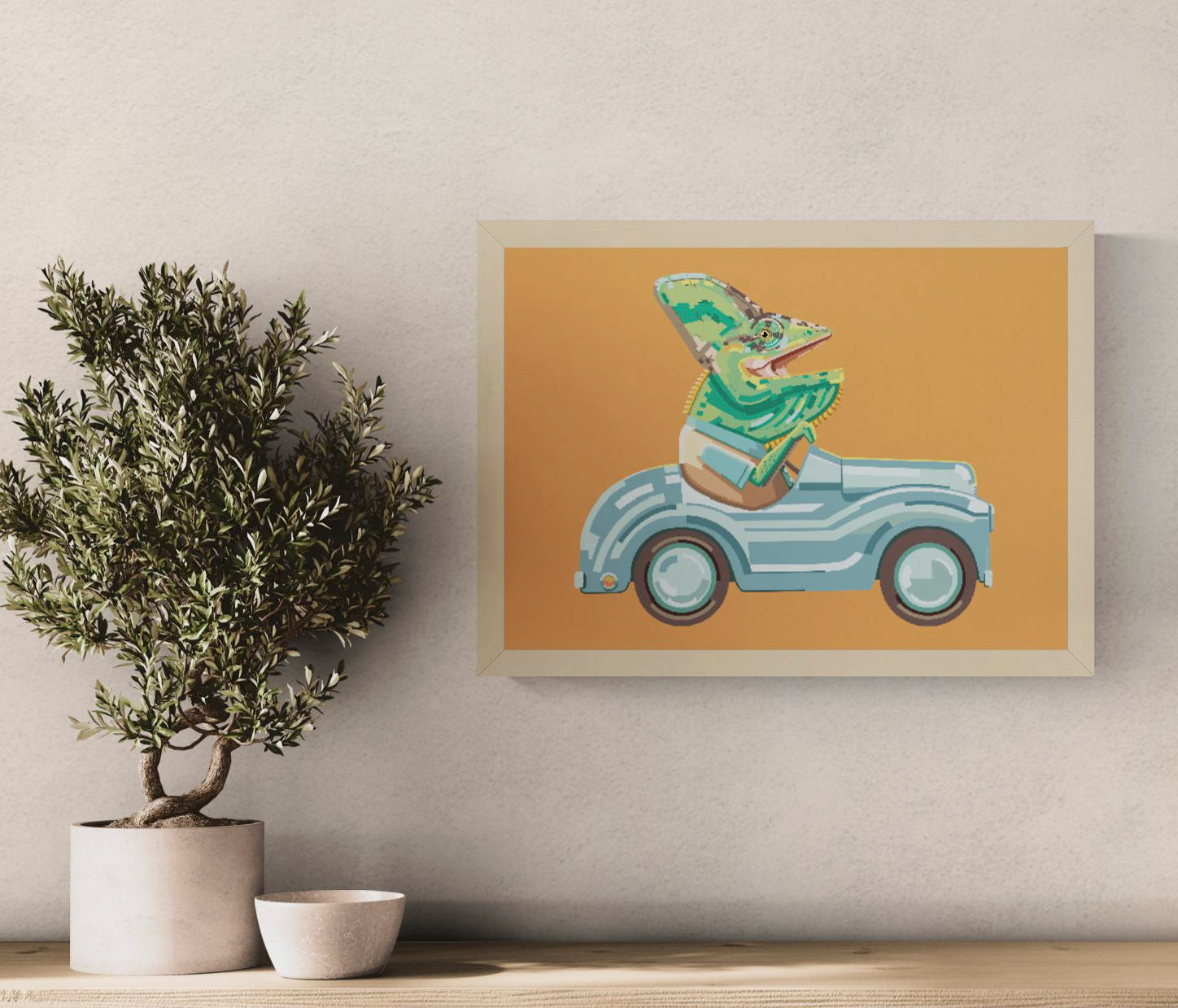 Art print “Fastest and Funniest” by Floor 4 Productions, humorous illustration of a chameleon and toy car, graphic animal wall art in A4 and A3.