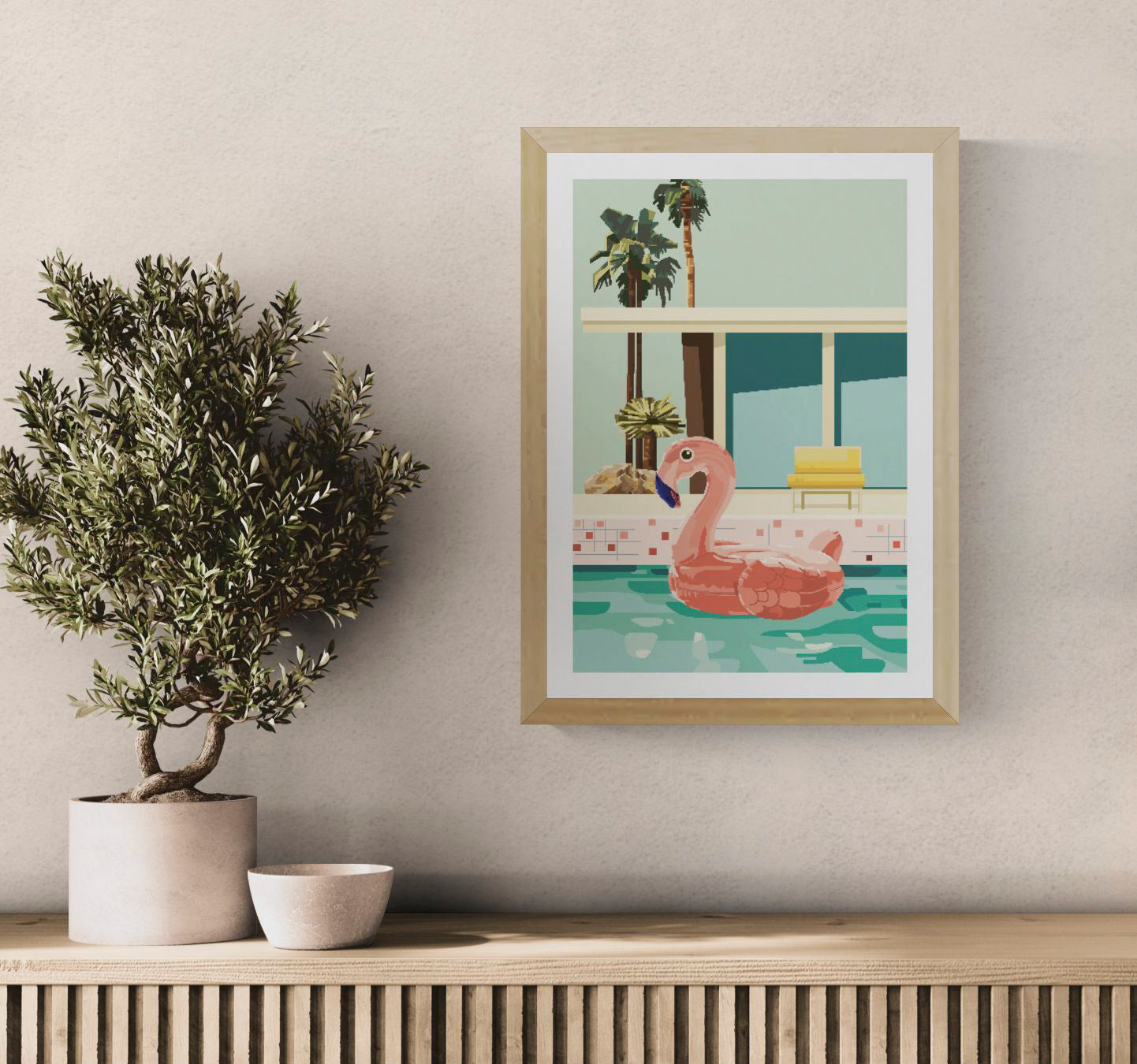 Colourful vertical digital art print showing a large pink flamingo pool float in turquoise water, surrounded by palm trees and retro architecture, ideal for playful living room or bedroom decor.