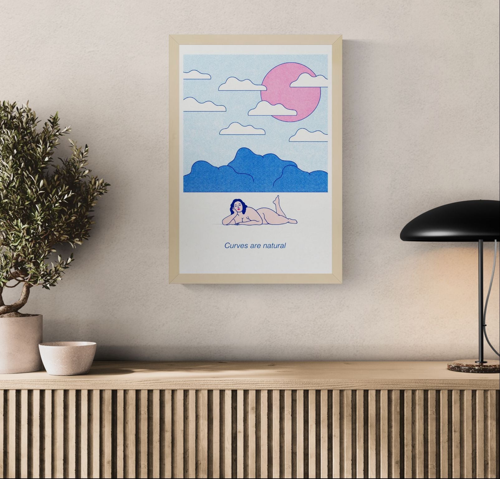 A3 risograph art print “Curves Are Natural” by Studio Stoutpoep, body-positive illustration with soft pastel colors and bold lines, contemporary wall art for modern interiors.