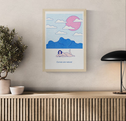 A3 risograph art print “Curves Are Natural” by Studio Stoutpoep, body-positive illustration with soft pastel colors and bold lines, contemporary wall art for modern interiors.