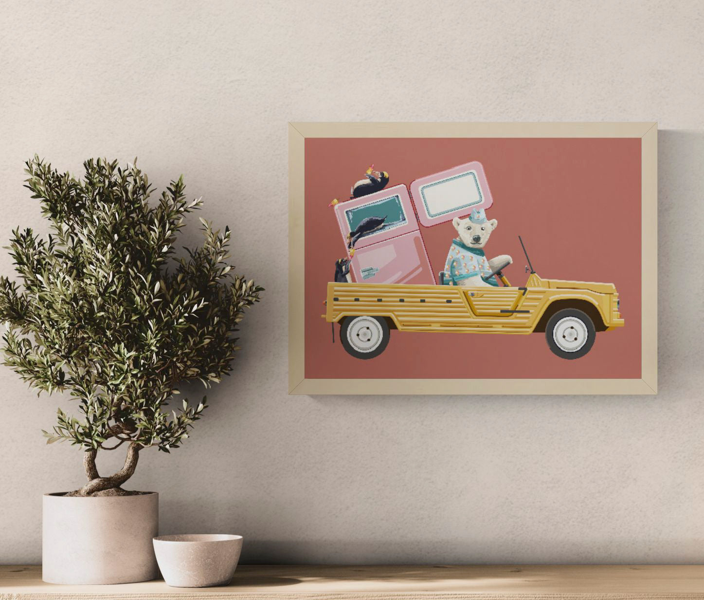 Colourful landscape digital illustration of a polar bear driving a yellow vintage beach car with a pink freezer and penguins, in a playful retro style. Horizontal wall art for a living room, office, or child’s room.